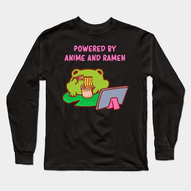 Powered by anime and ramen, anime fan, funny anime quote, cute anime lover frog Long Sleeve T-Shirt by Tinyarts